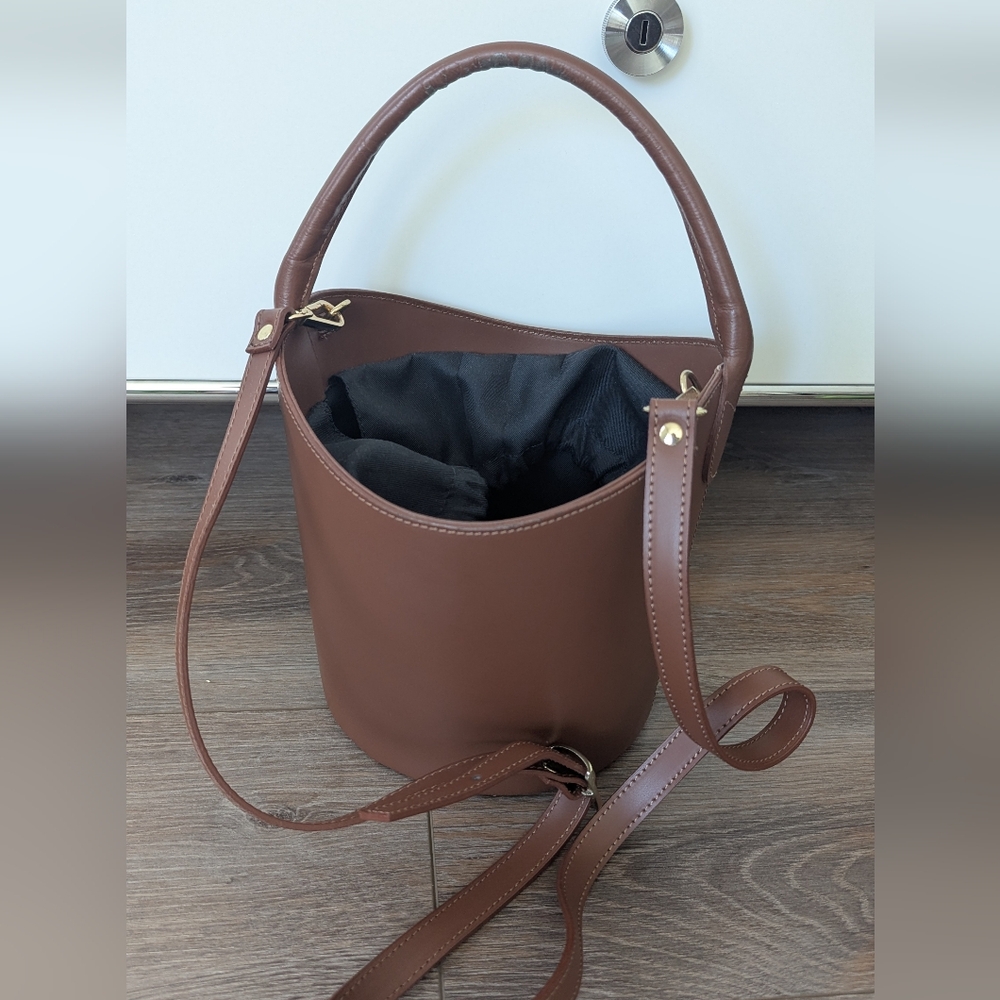 Elegant Brown Bucket Bag Leather Adjustable Strap Cross Bag